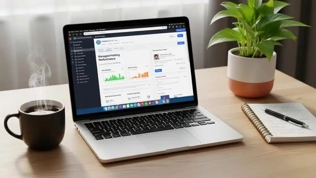 Professional workspace with a laptop showing WordPress dashboard, symbolizing managed hosting benefits