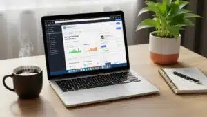 Professional workspace with a laptop showing WordPress dashboard, symbolizing managed hosting benefits