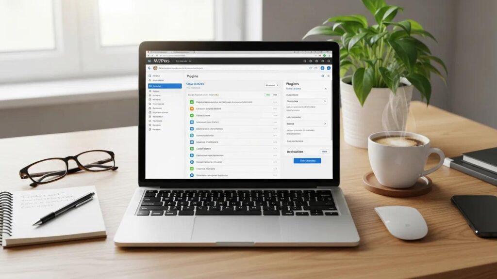 WordPress Plugin Maintenance 3 Professional workspace with WordPress dashboard on laptop, emphasizing plugin maintenance