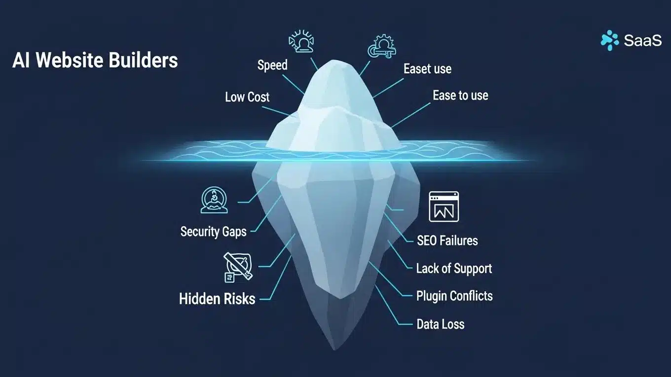 The Hidden Risk of DIY AI Website Builders for Small Businesses in the USA 1 Risk iceberg diagram illustrating benefits and hidden risks of DIY AI website builders