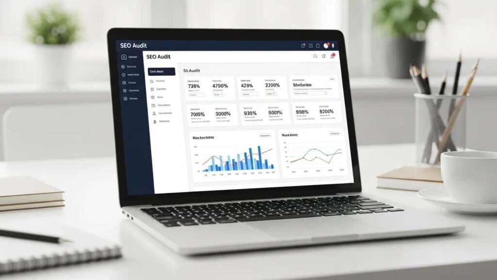 SEO audit dashboard on a laptop screen in a professional workspace