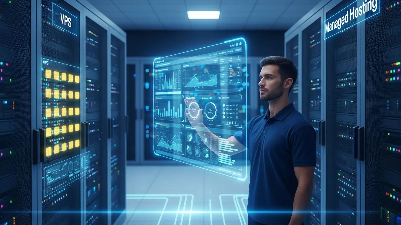 WordPress Hosting: 4 Smart Choices 2026 1 Server room with multiple servers and technician monitoring performance