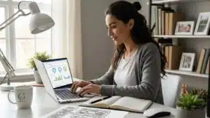 Small business owner managing WordPress hosting in a modern office setting