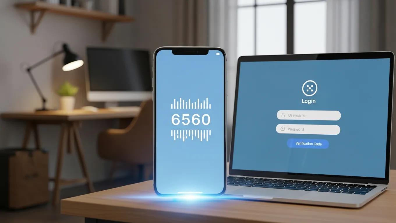 Enhancing WordPress Site Security: 5 Effective Tips 1 Smartphone with two-factor authentication code next to a laptop login screen