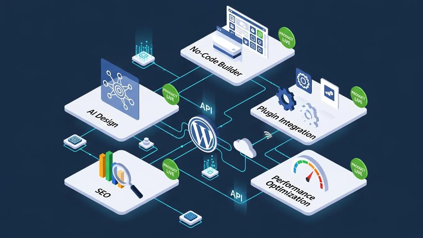 AI Website Builder for Tech Startups: Launch Fast With Expert Support 1 Tech product website stack illustrating AI design tools, WordPress integration, and SEO optimization layers