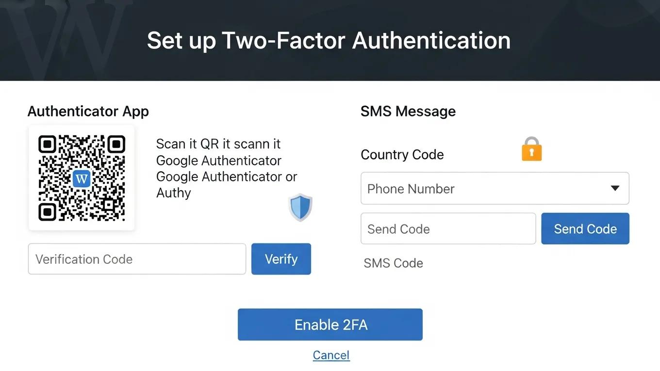 Mastering WordPress Security: 5 Expert Solutions to Excel 1 Two-factor authentication setup screen for enhancing WordPress login security