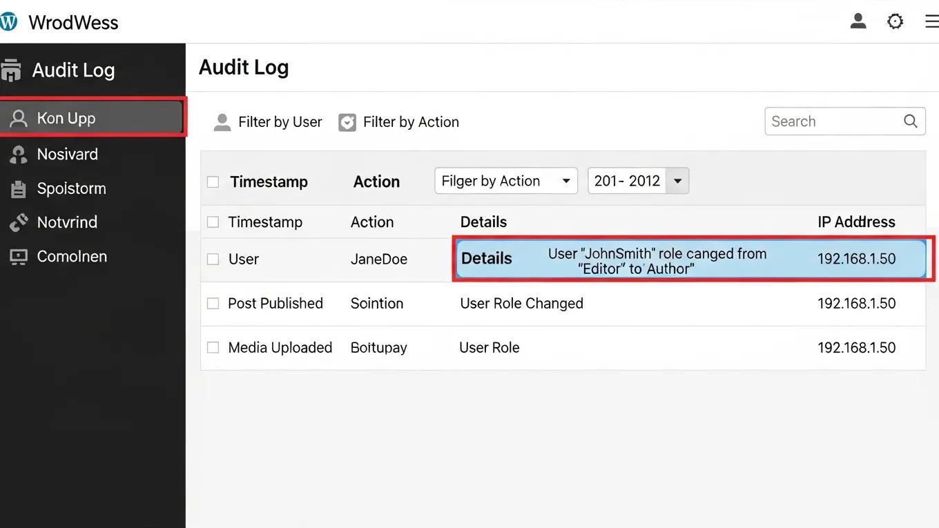 Managing WordPress User Roles: 5 Powerful Tips for Success 2 User account audit log in WordPress displaying user activity and permissions changes