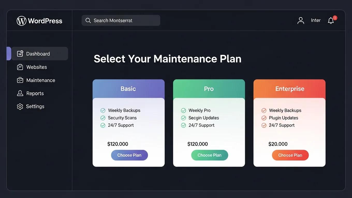 WordPress Maintenance Cost: 4 Powerful Pricing Plans 2 User-friendly WordPress maintenance dashboard interface for plan selection