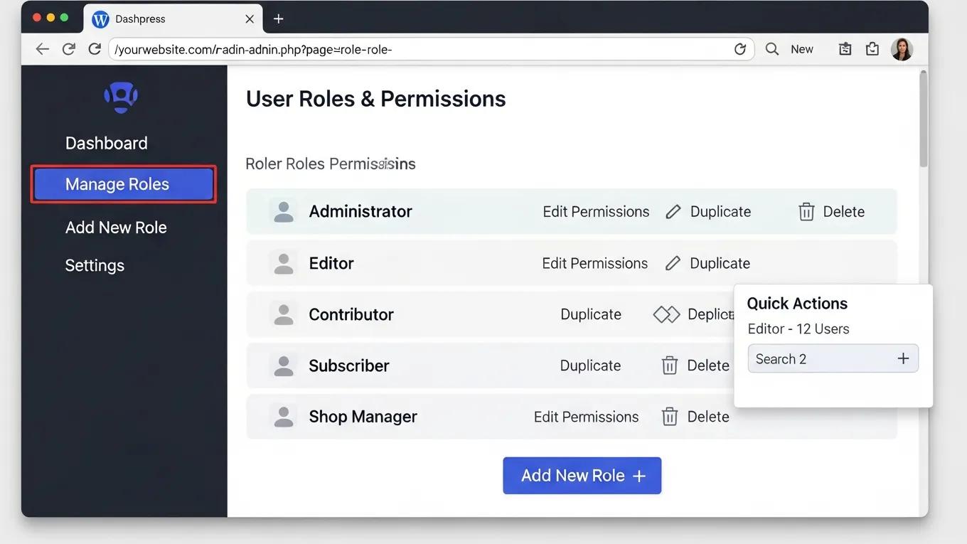 Managing WordPress User Roles: 5 Powerful Tips for Success 1 User interface of a WordPress role management plugin showing customizable roles and permissions
