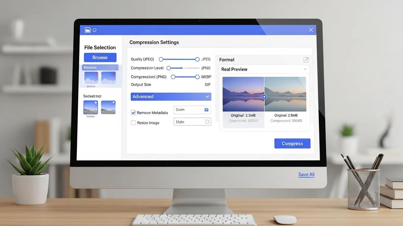 Optimizing WordPress Speed: 6 Proven Tips for Success 1 User interface of an image compression tool showcasing compression options