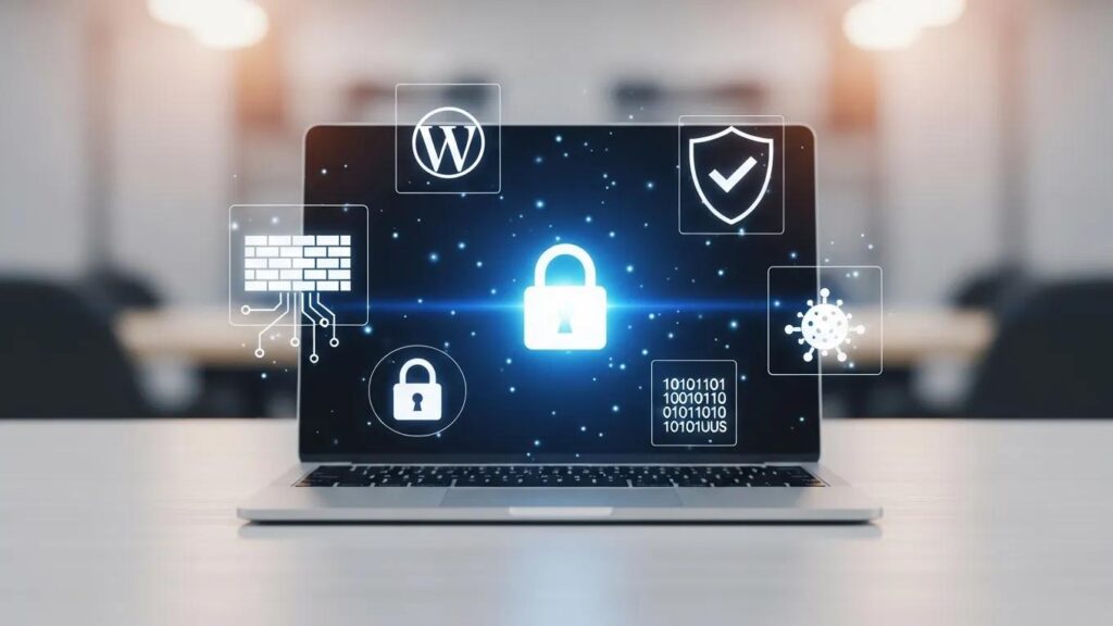 Visual representation of WordPress site security with a laptop and digital security icons
