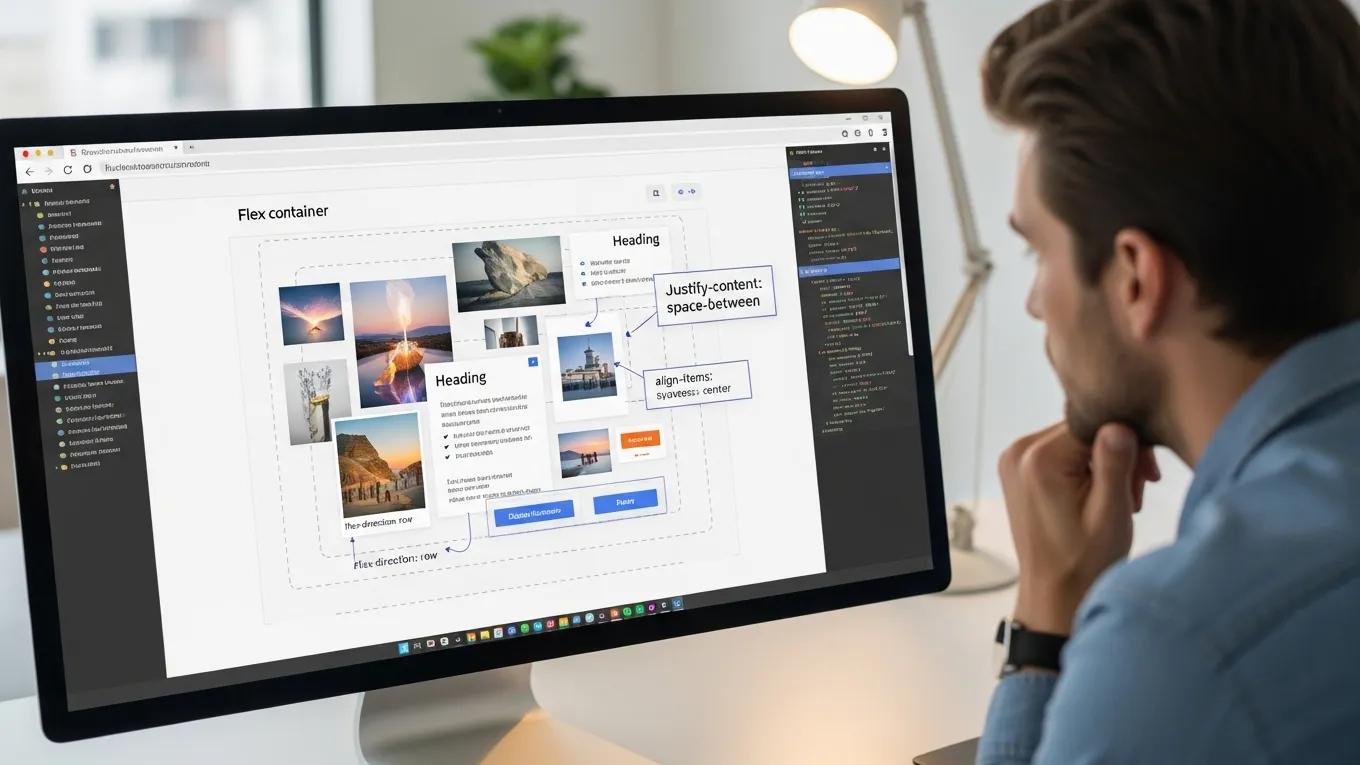 10 Essential Rules for Responsive Elementor Design 2 Web layout using Flexbox containers on a computer screen, illustrating responsive design with well-arranged elements