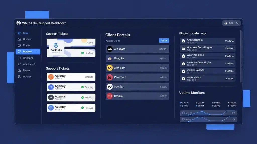 White label WordPress support dashboard illustrating agency client portals and support features