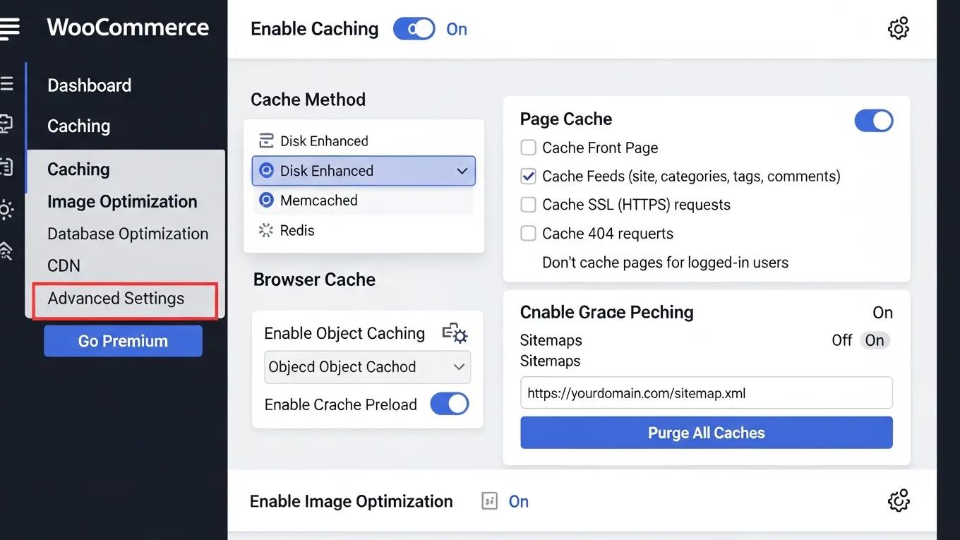 Boost WooCommerce Store Speed: 12 Expert Hacks 1 WooCommerce caching and image optimization configuration interface for speed enhancement