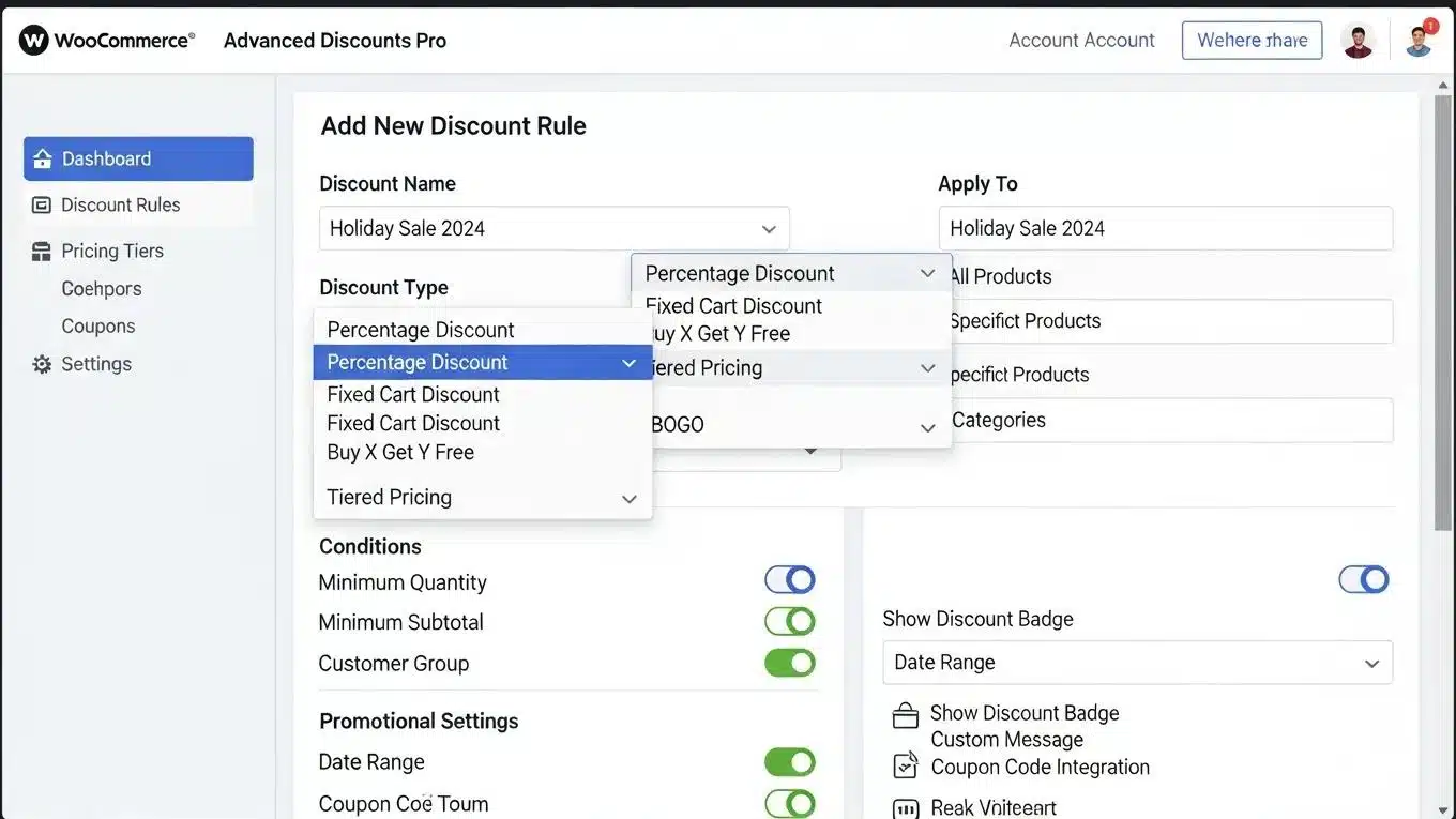 WooCommerce BFCM Optimization: 10 Essential Tips 1 WooCommerce discount strategy interface showcasing various promotional options for BFCM sales