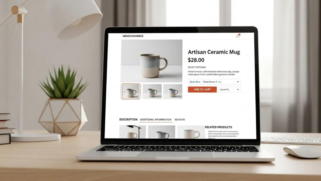 WooCommerce product page displayed on a laptop, highlighting design elements for optimization