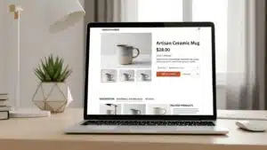 WooCommerce product page displayed on a laptop, highlighting design elements for optimization