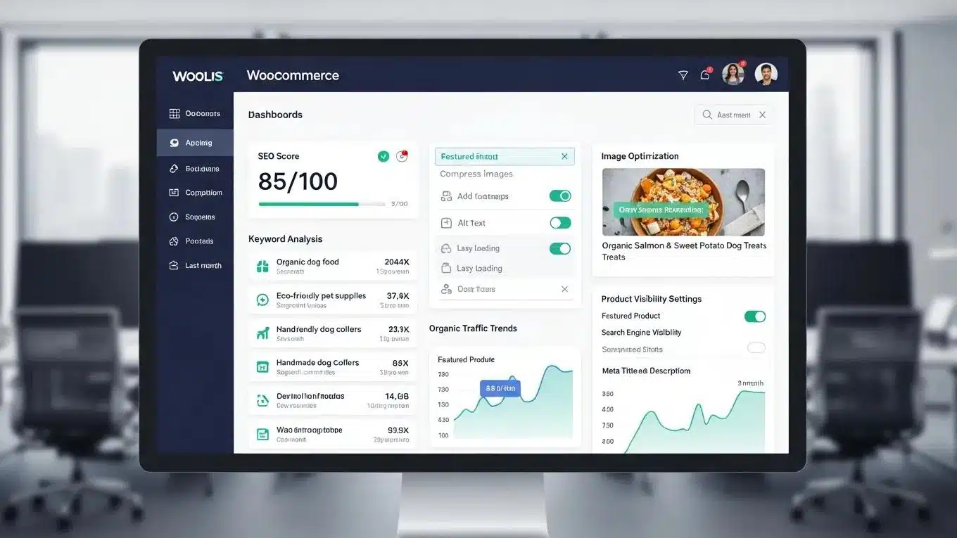 WooCommerce Store Optimization: 7 Proven Tips for Growth 1 WooCommerce SEO and product page optimization interface highlighting key metrics and tools