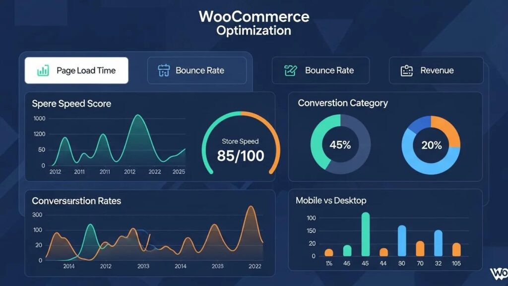 WooCommerce store optimization metrics dashboard showcasing speed and conversion data