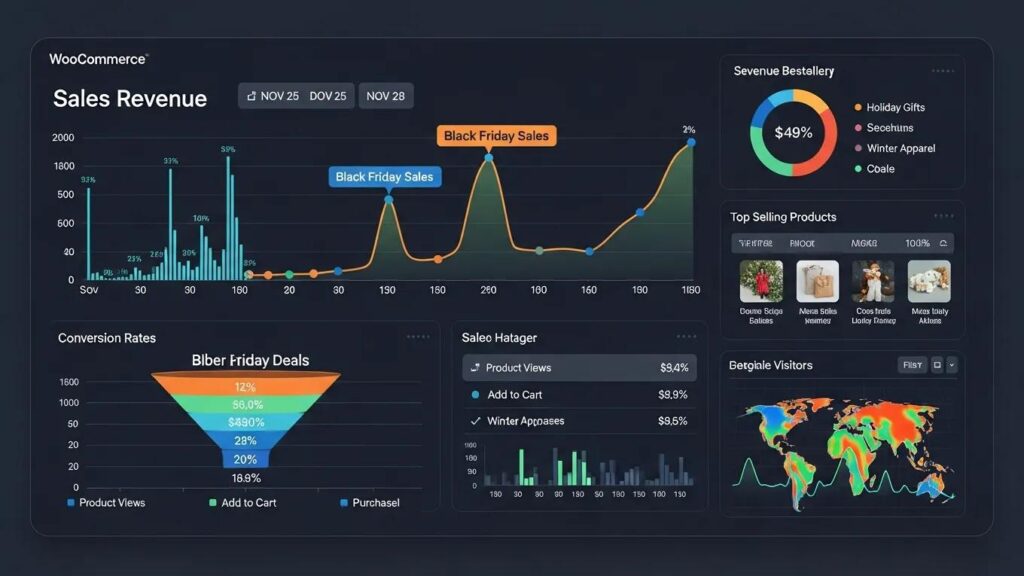 WooCommerce store performance dashboard highlighting holiday sales metrics and traffic analytics