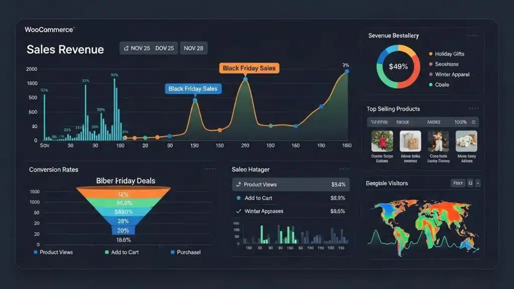 WooCommerce store performance dashboard highlighting holiday sales metrics and traffic analytics