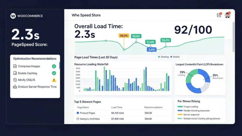 WooCommerce store speed test results dashboard highlighting page load time metrics