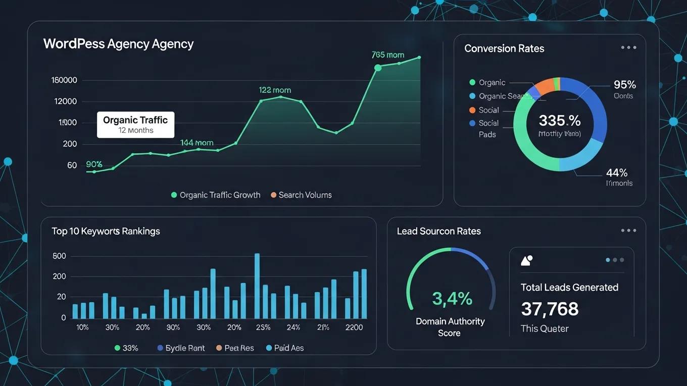 Attract WordPress Customers: 8 Proven Strategies to Grow 1 WordPress agency growth metrics dashboard displaying SEO performance indicators