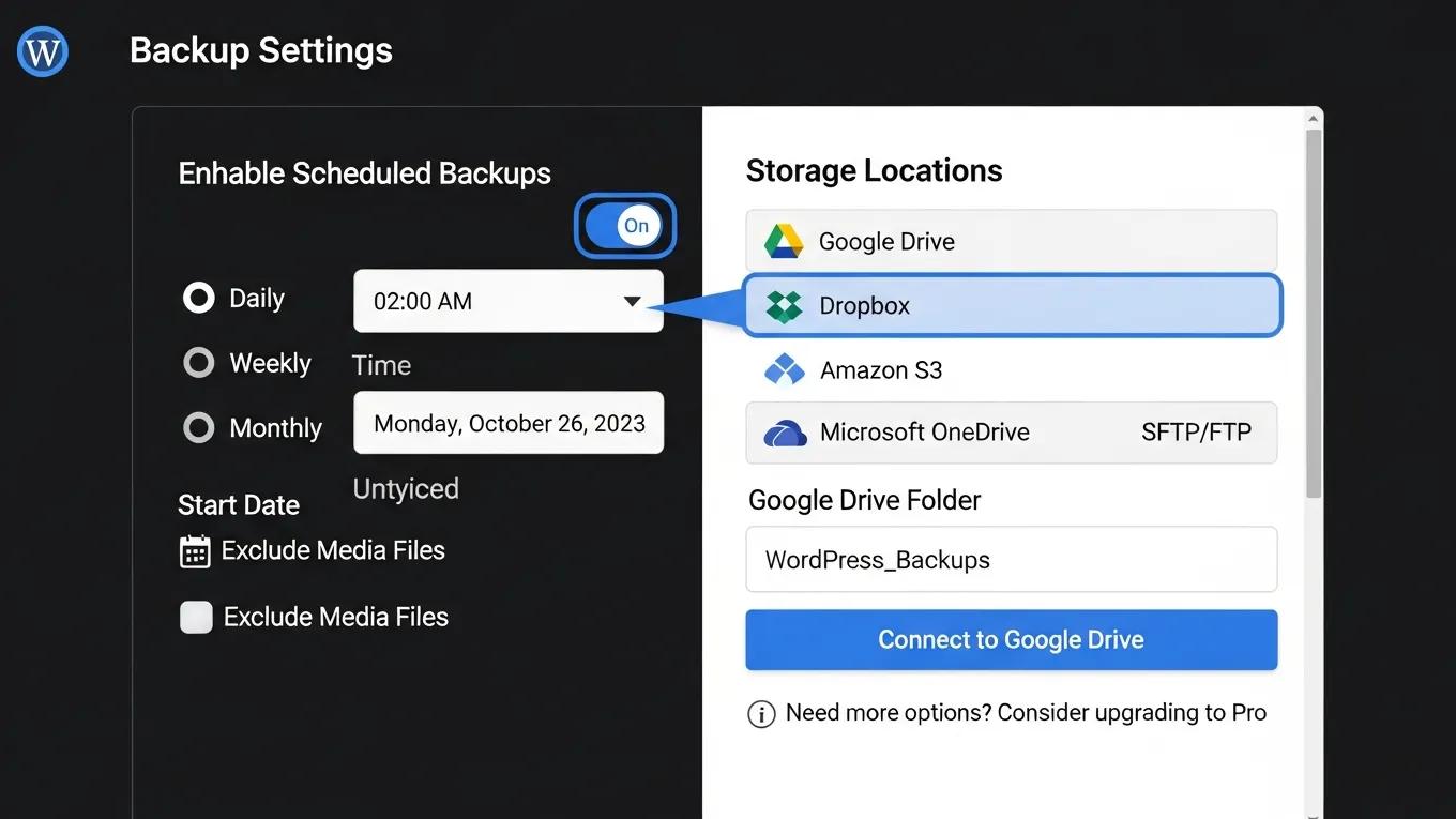 Mastering WordPress Security: 5 Expert Solutions to Excel 2 WordPress backup plugin interface displaying backup scheduling and storage options