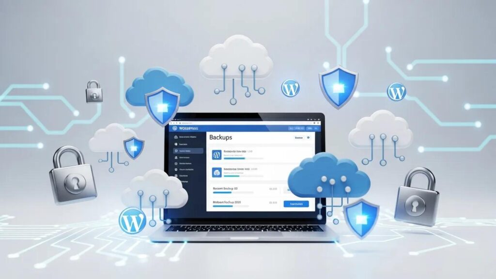 WordPress backup solutions with a laptop, cloud icons, and security symbols