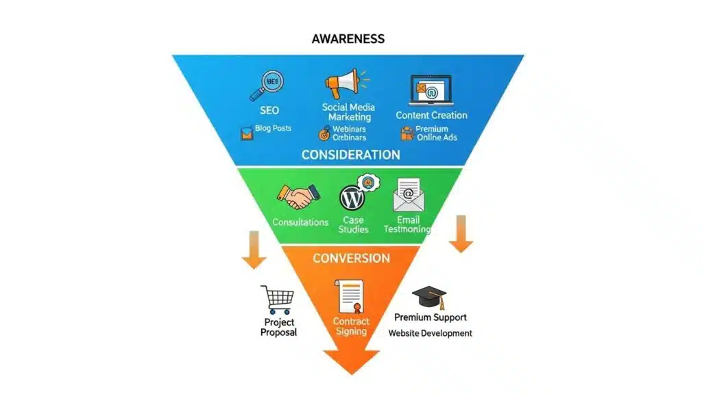 WordPress client acquisition funnel illustrating lead generation stages