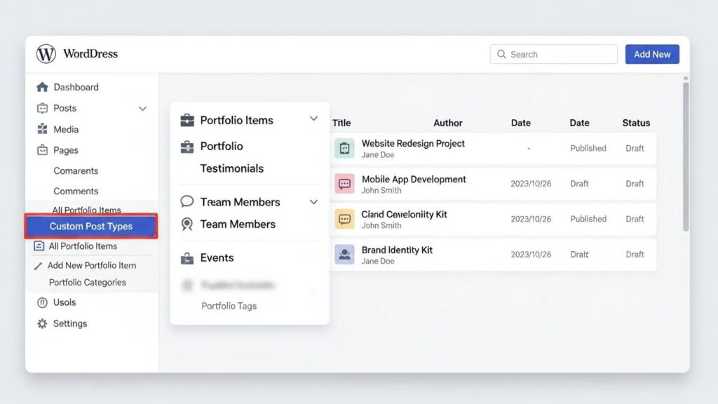 WordPress dashboard highlighting custom post types for enhanced website functionality