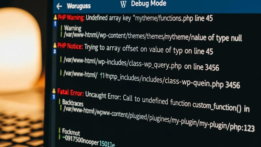 WordPress debug mode error log showcasing error messages and debugging information