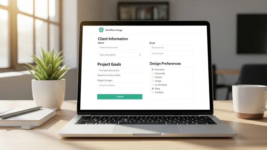 WordPress design questionnaire form template showcasing client intake sections