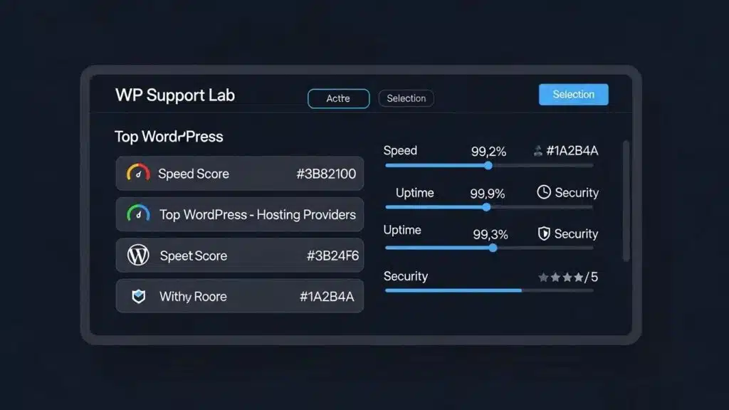 WordPress hosting comparison dashboard showcasing speed scores, uptime percentages, and security ratings