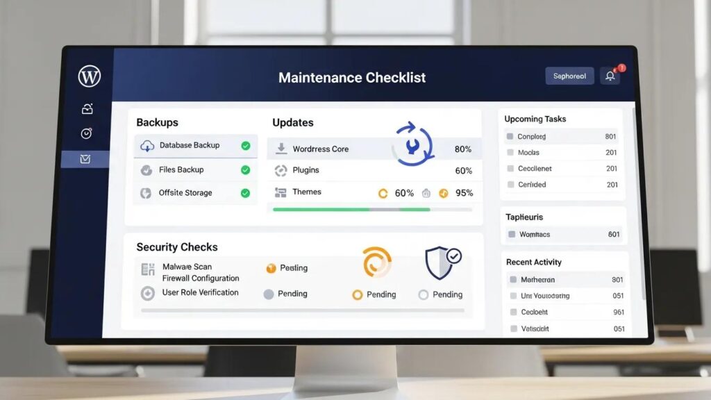 WordPress maintenance checklist dashboard overview highlighting essential tasks