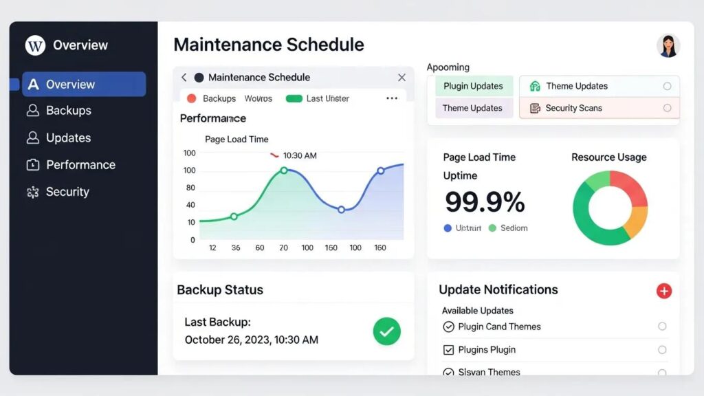WordPress maintenance dashboard displaying backup and update statuses