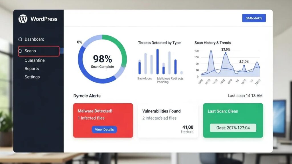 Securing Your WordPress Site Against Malware 6 WordPress malware scan results dashboard showcasing security alerts and performance metrics