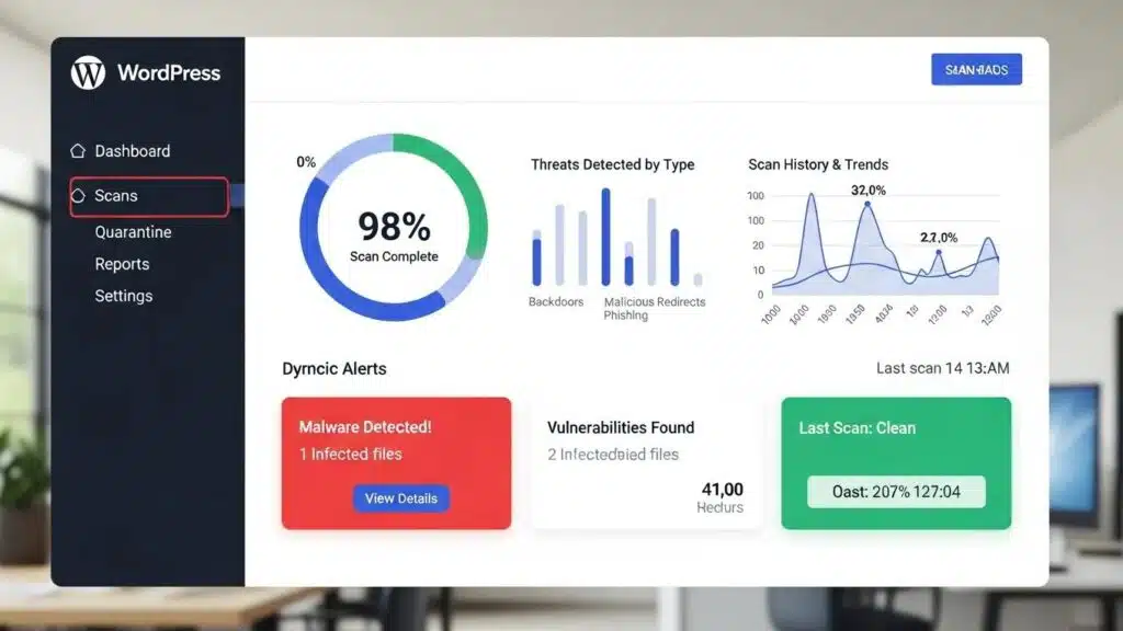 WordPress malware scan results dashboard showcasing security alerts and performance metrics