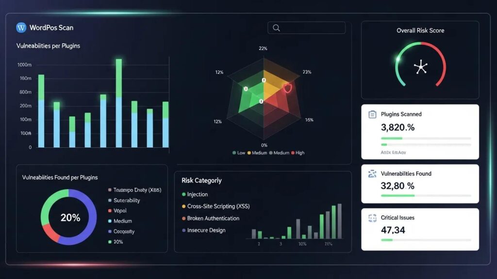 WordPress plugin vulnerability scan dashboard highlighting security metrics