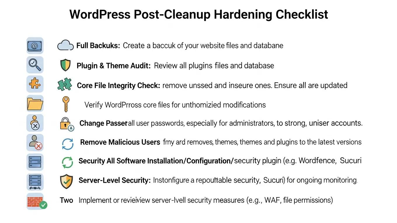 Securing Your WordPress Site Against Malware 2 WordPress post-cleanup security hardening checklist outlining essential steps for enhanced protection