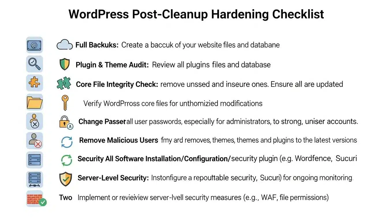Securing Your WordPress Site Against Malware 2 WordPress post-cleanup security hardening checklist outlining essential steps for enhanced protection
