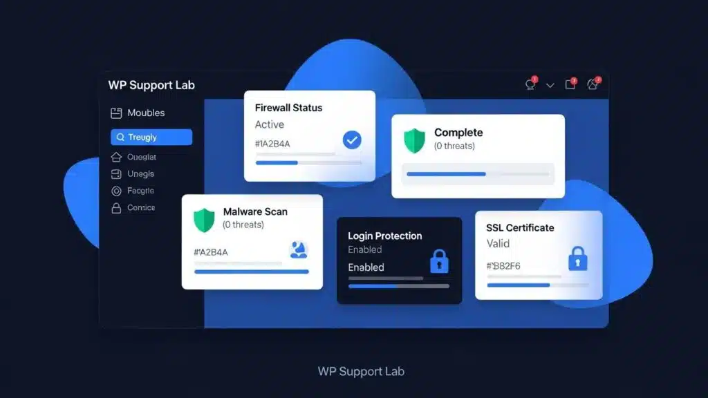 WordPress security command center with active firewall, completed malware scan, and login protection enabled