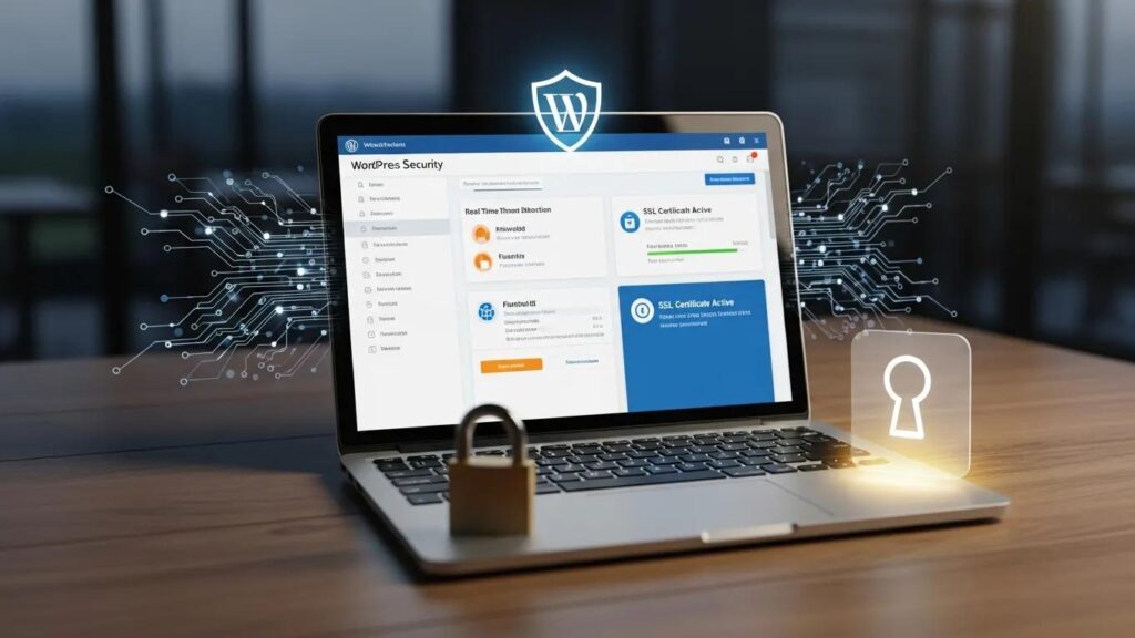WordPress security dashboard with cybersecurity elements