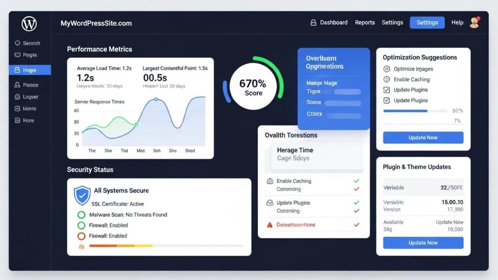 WordPress site health check dashboard displaying performance metrics and optimization suggestions