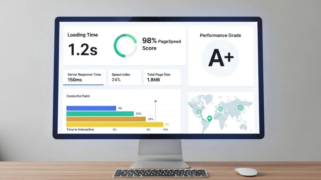 WordPress speed test dashboard highlighting fast loading times and performance metrics