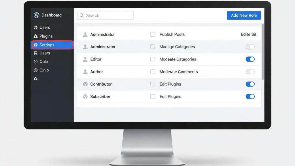 WordPress user role management dashboard illustrating various user roles and permissions