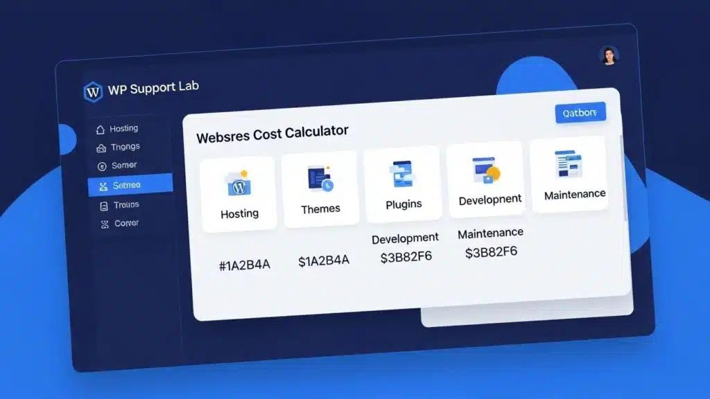 WordPress website cost calculator dashboard illustrating itemized expenses for hosting, themes, plugins, development, and maintenance