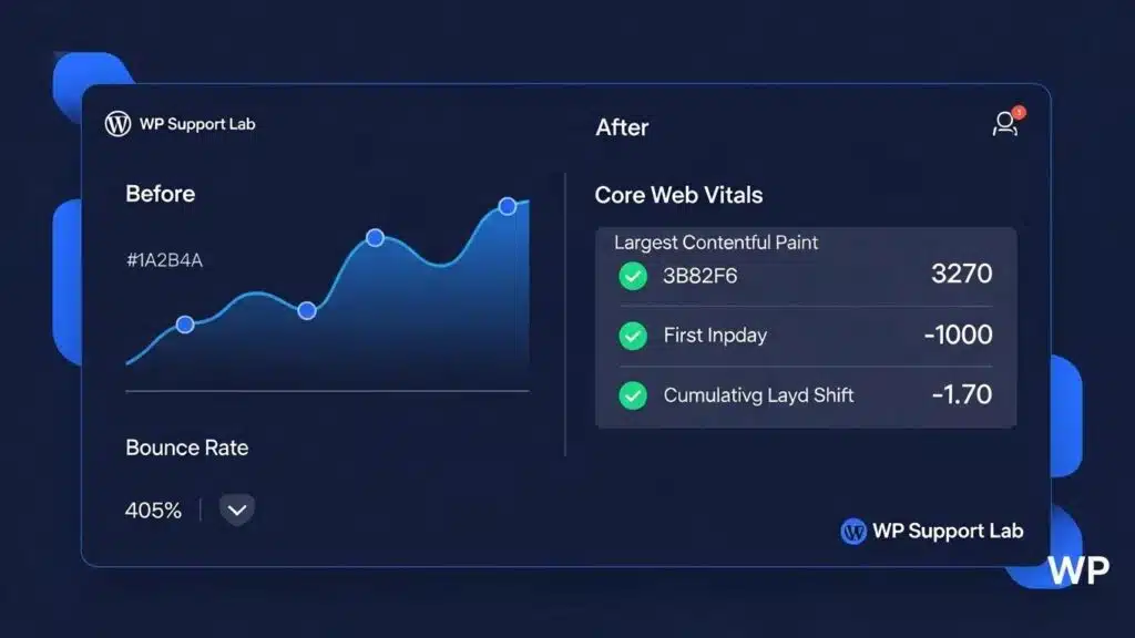 WordPress website redesign dashboard illustrating improved traffic and performance metrics