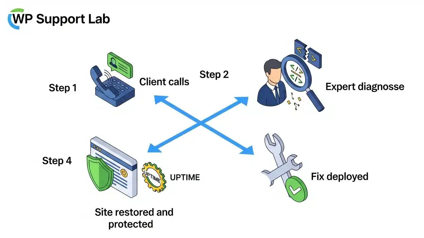 AI Website Builder Broke My Site: Emergency Fix and Recovery Guide 1 WP Support Lab emergency response workflow illustrating the steps to fix AI website builder errors