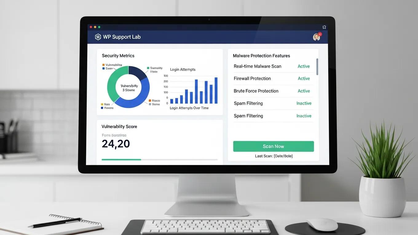 WordPress Security: 11 Powerful Ways to Fortify Your Website 2 WP Support Lab security audit panel displaying metrics and malware protection features